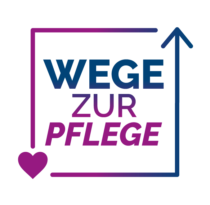 Der Schriftzug "Wege zur Pflege" wird in einem Quadrat von einem Pfeil umgeben